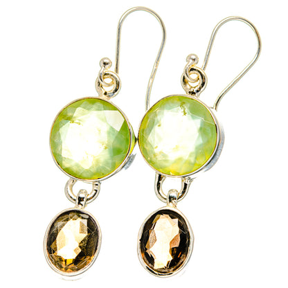 Sterling silver drop earrings with green prehnite top and dark smoky quartz lower stones