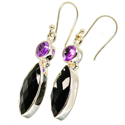 Sterling silver amethyst and black onyx earrings with purple round stones and faceted drops
