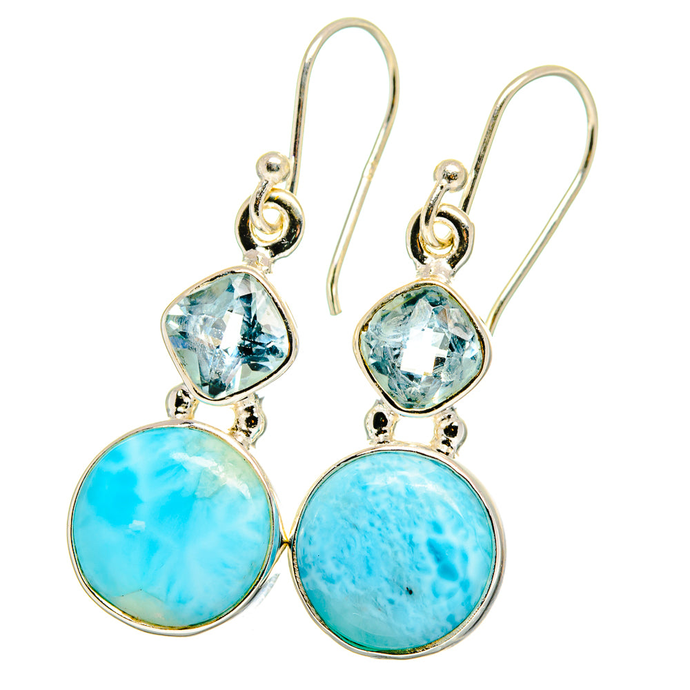 925 sterling silver drop earrings with faceted blue topaz and round larimar stones