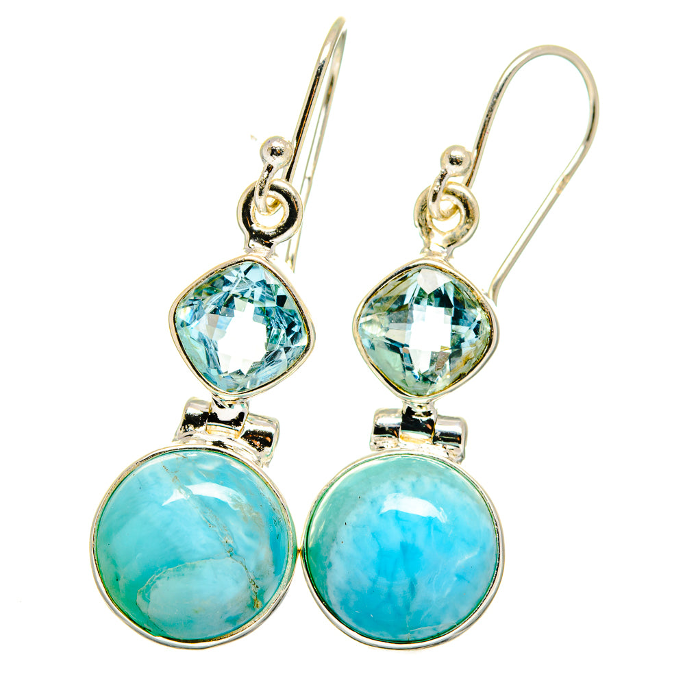 Turquoise drop earrings with faceted light-blue top stones, silver hook backs