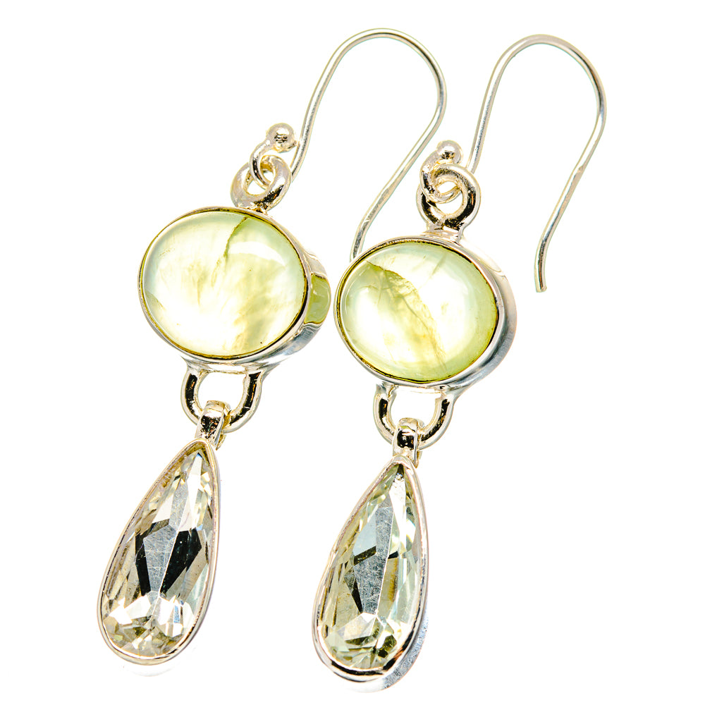 Prehnite and white quartz drop earrings, round pale green cabochons and faceted teardrops