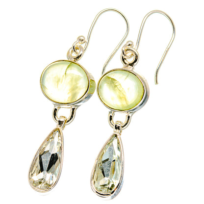 Prehnite and white quartz drop earrings, round pale green cabochons and faceted teardrops