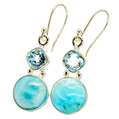 Larimar and blue topaz drop earrings in 925 sterling silver, round larimar discs & blue topaz