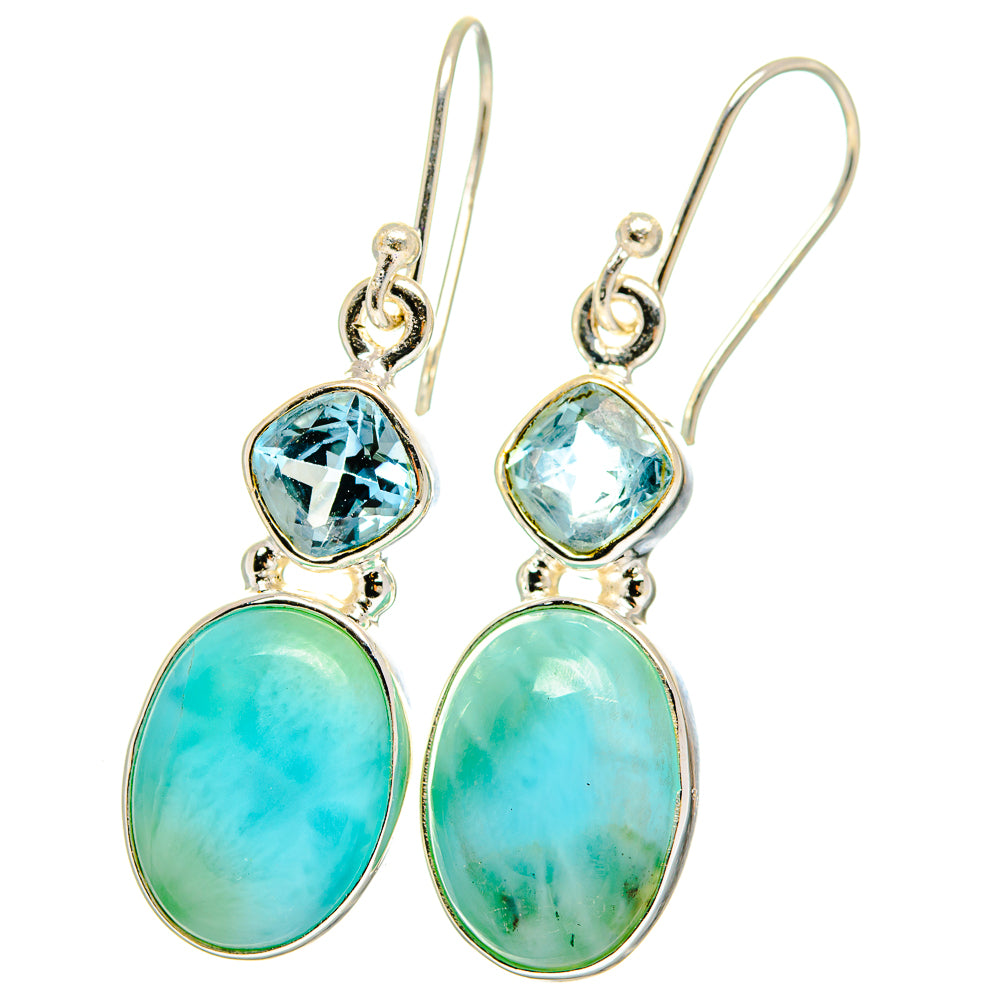 Blue and turquoise drop earrings: round faceted stone above oval cabochon on silver hooks