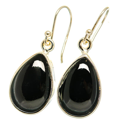 Black onyx teardrop earrings with sterling silver hook, gold-tone settings