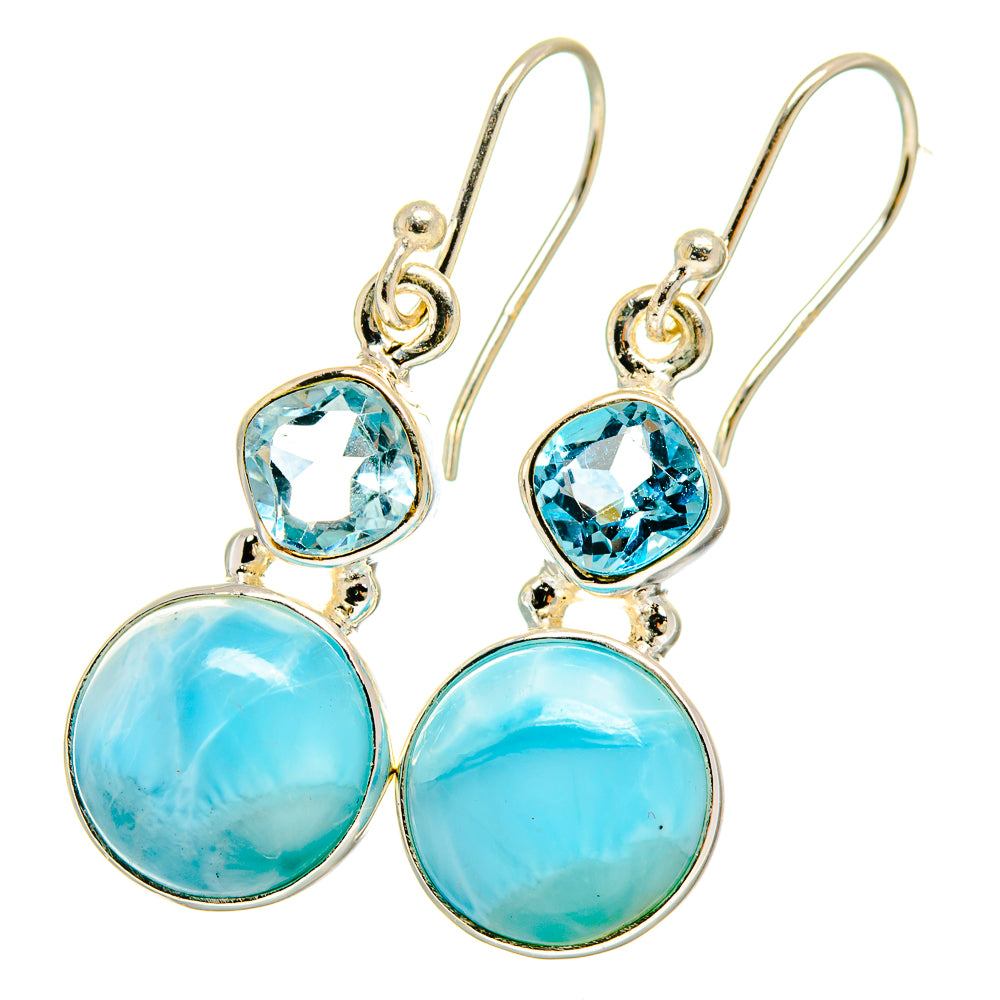 Sterling silver blue topaz and larimar dangle earrings, two stone drops