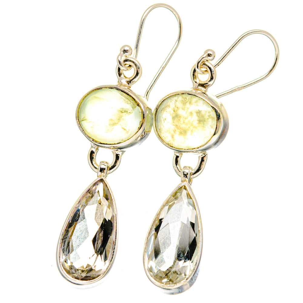 Sterling silver hook earrings with round prehnite and teardrop white quartz drops