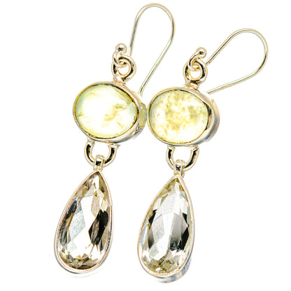 Sterling silver hook earrings with round prehnite and teardrop white quartz drops