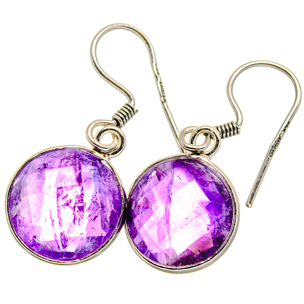 Round amethyst dangle earrings with dark purple faceted stones and silver hook backs