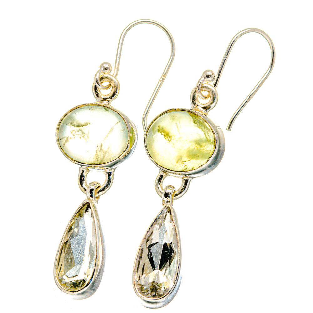 925 sterling silver drop earrings with round green cabochon and clear teardrop crystal