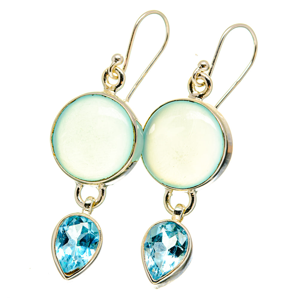 Aqua chalcedony & blue topaz drop earrings, round aqua stones and teardrop blue, silver hooks