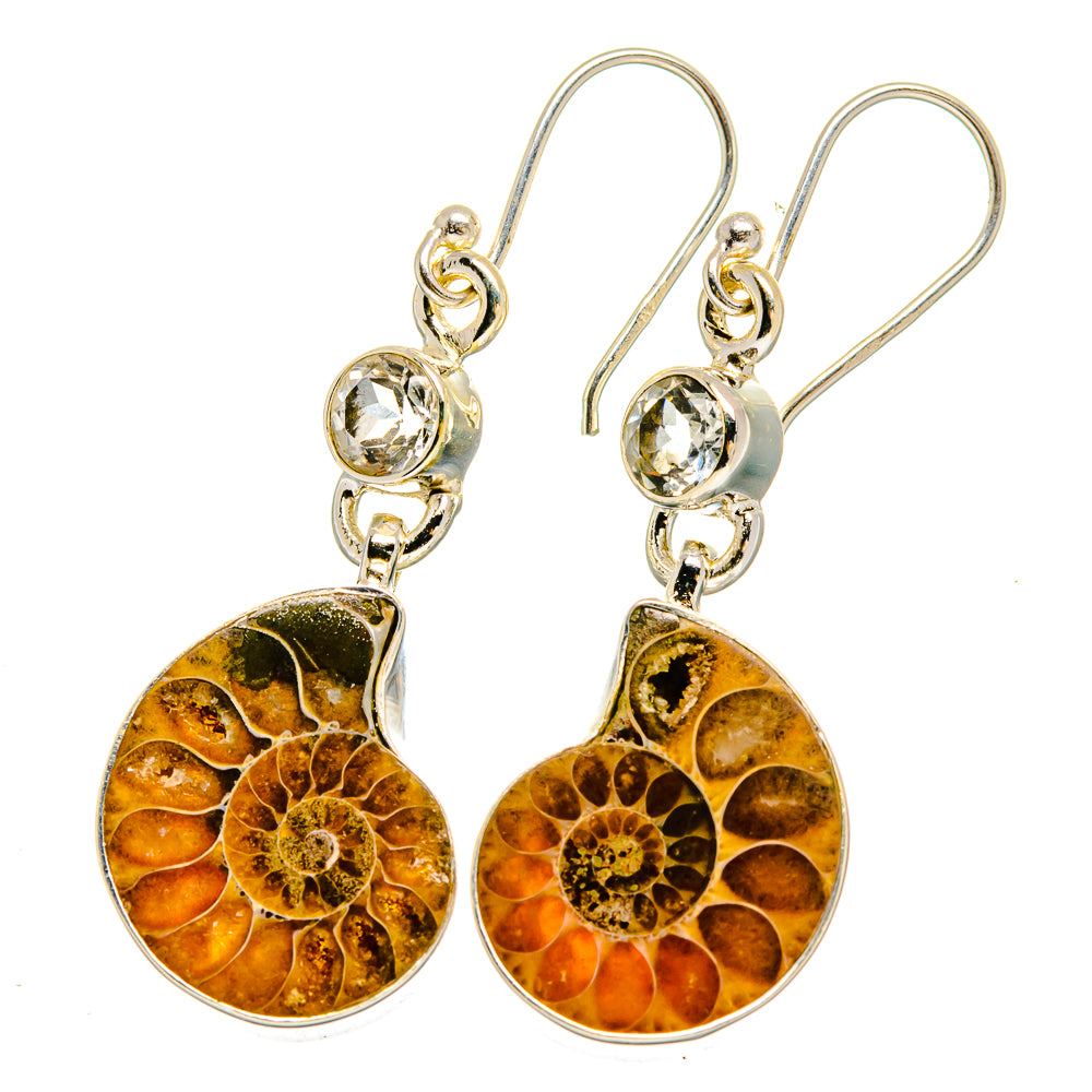 Ammonite fossil dangle earrings with white quartz accents and sterling silver hooks