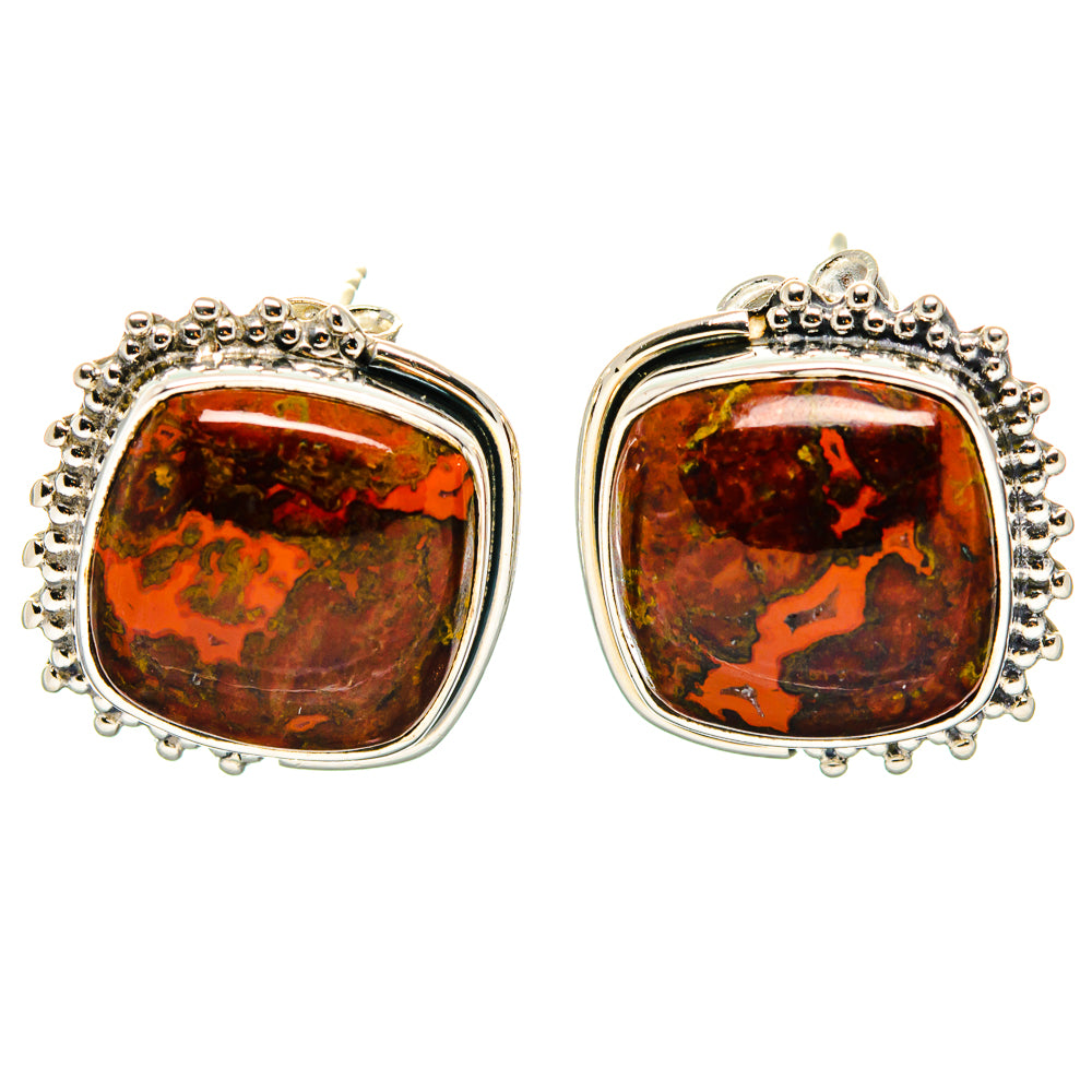 Pair of sterling silver agate stud earrings, square bezel with orange-brown cabochons