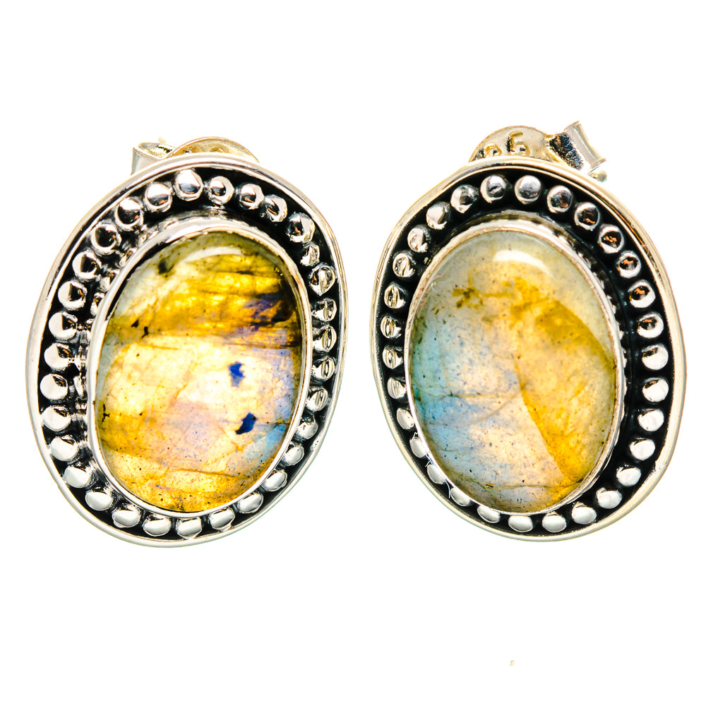 Pair of oval labradorite stud earrings in 925 sterling silver with decorative bead border