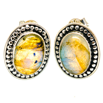 Pair of oval labradorite stud earrings in 925 sterling silver with decorative bead border