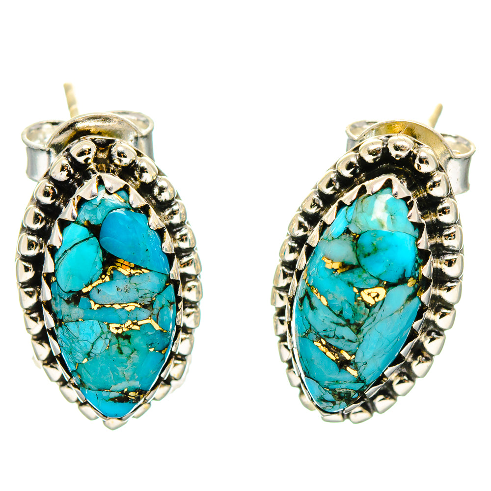 Oval turquoise cabochon stud earrings with sterling silver scalloped bezel setting