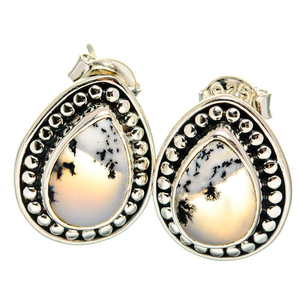 Dendritic opal teardrop earrings in beaded 925 sterling silver scalloped border