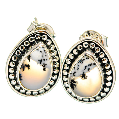 Dendritic opal teardrop earrings in beaded 925 sterling silver scalloped border