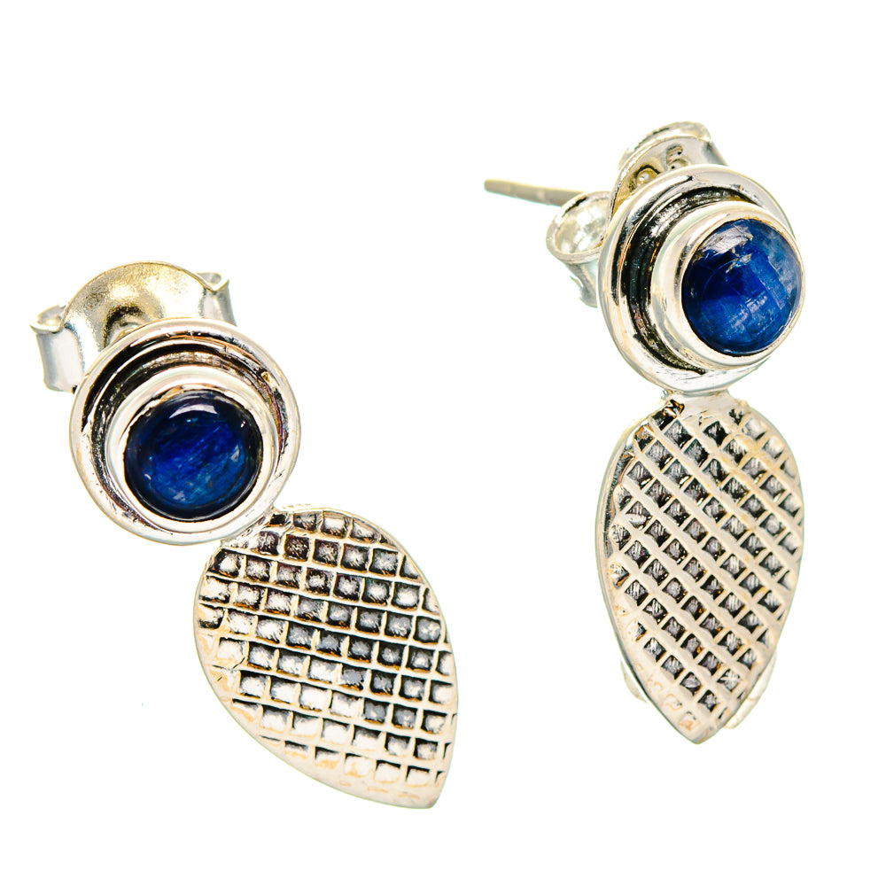 Kyanite stud drop earrings with blue oval gemstone and textured silver leaf dangles