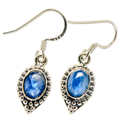925 sterling silver kyanite drop earrings with blue oval cabochon in ornate teardrop bezel