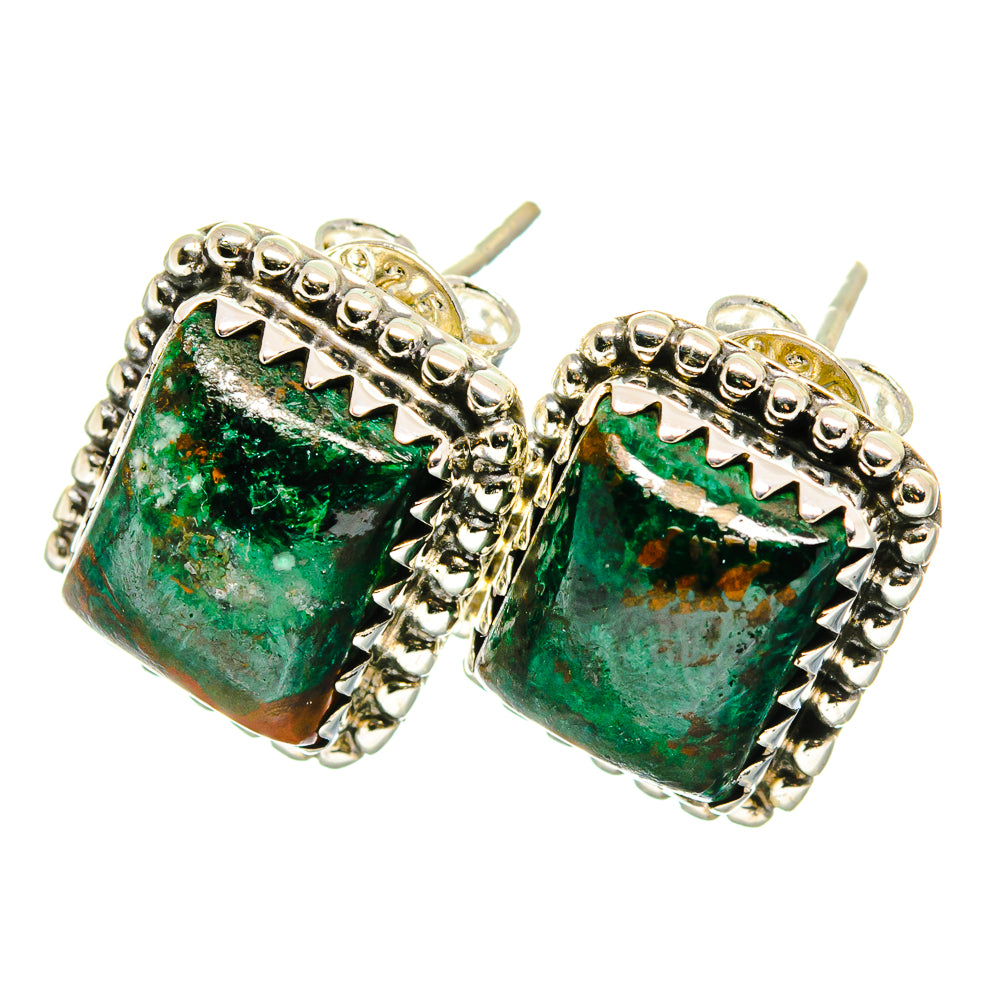 Square green chrysocolla stud earrings with serrated silver bezel and post backs