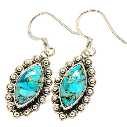 Turquoise teardrop earrings, 925 sterling silver hook style with bead border