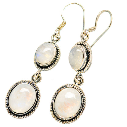 925 sterling silver moonstone drop earrings with three oval cabochons and dangling hooks