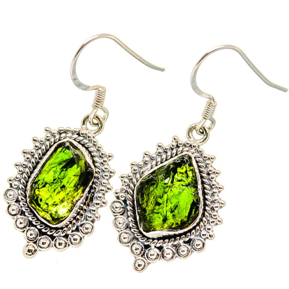 Rough diopside earrings in oval bezel with scalloped sterling silver drop hooks
