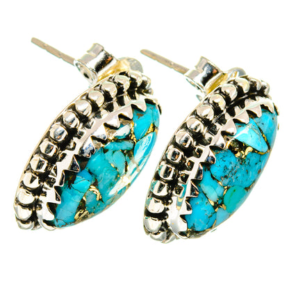Oval turquoise stud earrings, 925 sterling silver with beaded edge and post backs
