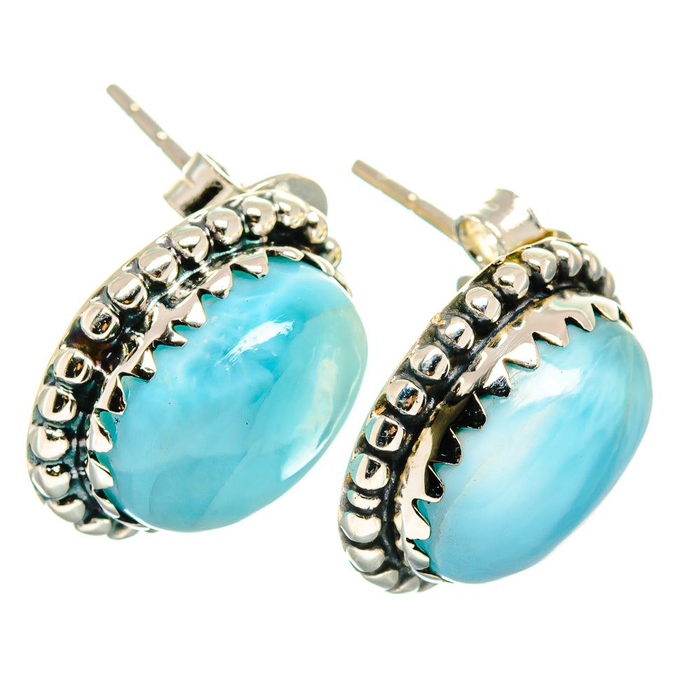 Oval larimar stud earrings in 925 silver, light blue cabochons with rope-edged setting