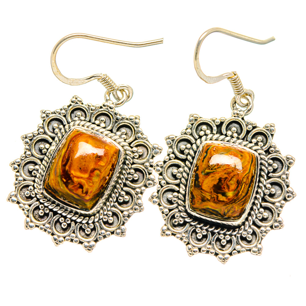 Square pietersite cabochon earrings with silver filigree and fishhook backs