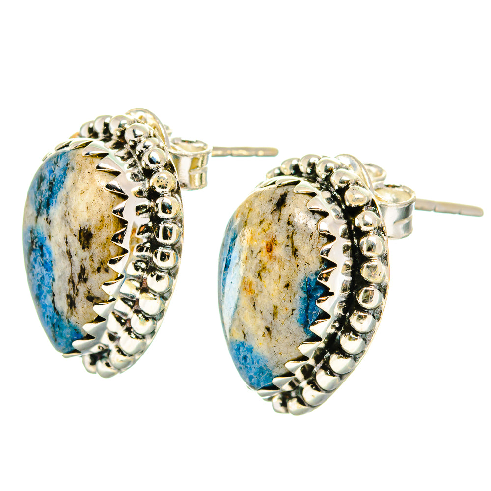 Oval blue azurite stud earrings in 925 sterling silver with textured bezel