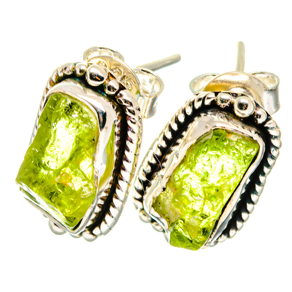 925 sterling silver peridot stud earrings, rough green stones with twisted rope frames and posts