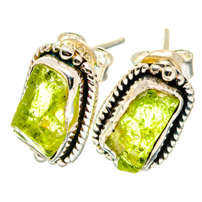 925 sterling silver peridot stud earrings, rough green stones with twisted rope frames and posts