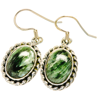 Oval green seraphinite earrings with scalloped silver frame, fishhook hooks