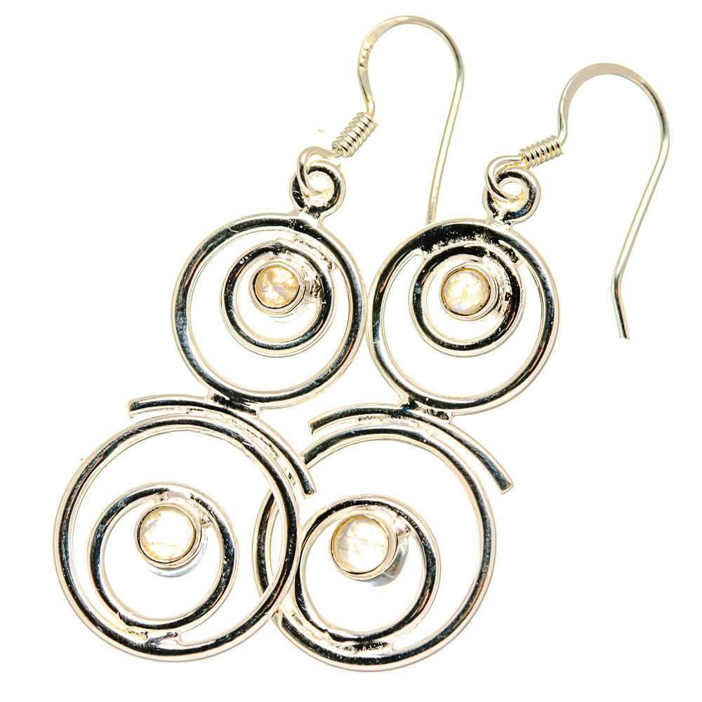 Pair of round 925 silver earrings with moonstone cabochons, spiral ring dangles
