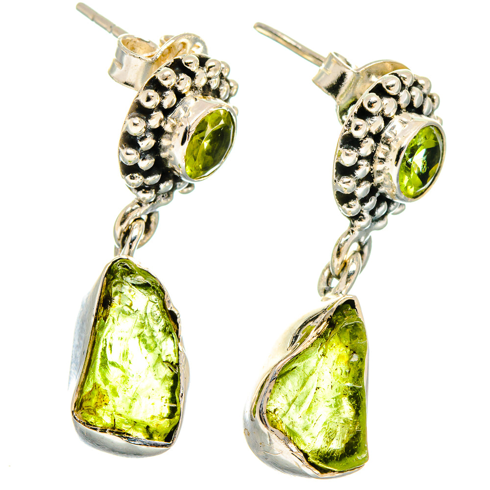 925 sterling silver peridot earrings, round stud tops with rough green heart dangles