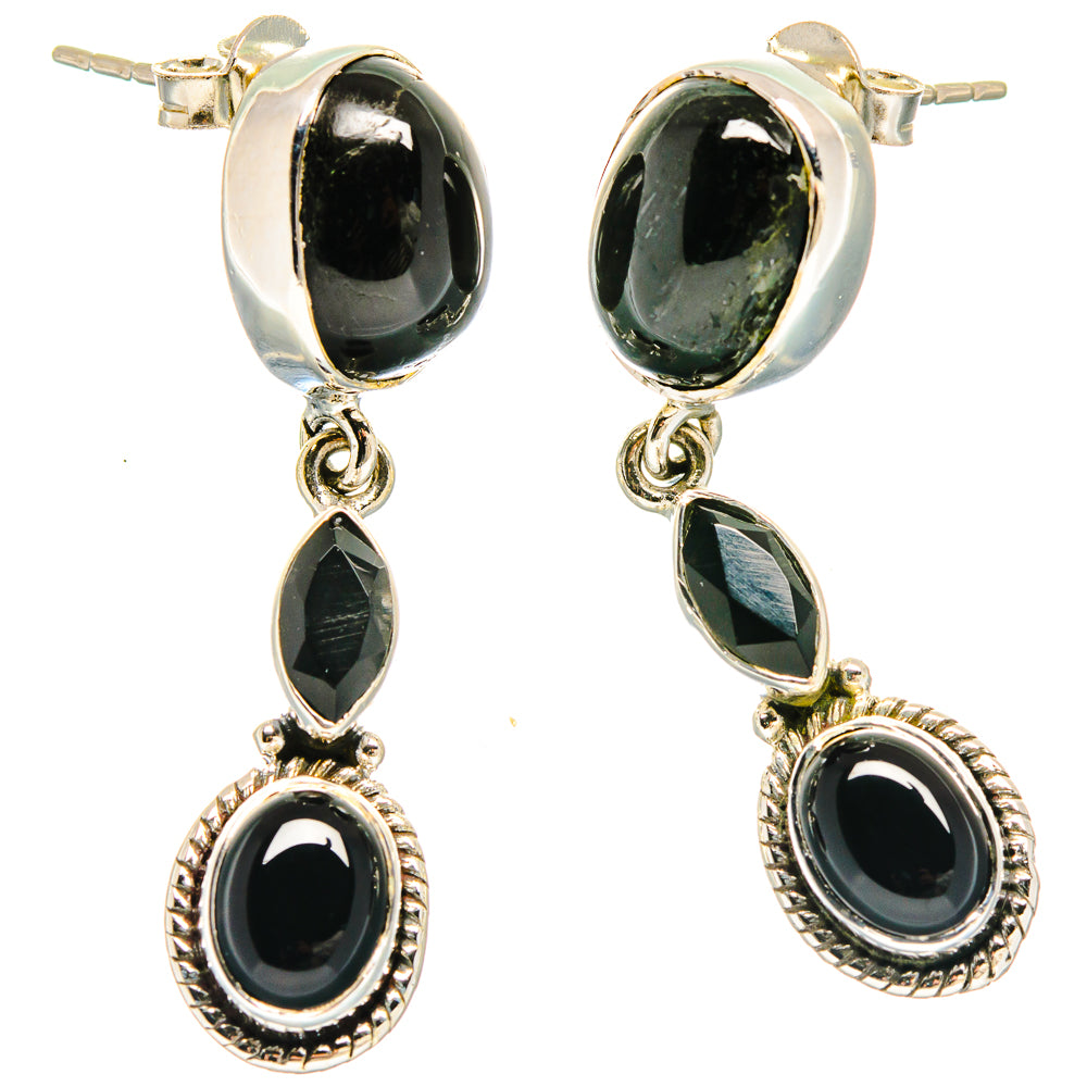 Oval black onyx drop earrings with textured silver bezels, 925 sterling hooks