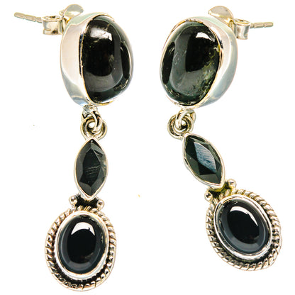 Oval black onyx drop earrings with textured silver bezels, 925 sterling hooks