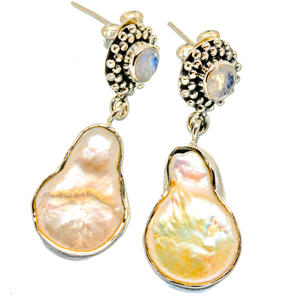 Mother of Pearl teardrop earrings with rainbow moonstone pendants, silver scalloped tops