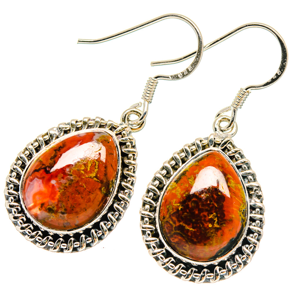 Sterling silver Moroccan agate teardrop earrings, red orange stone with ornate border