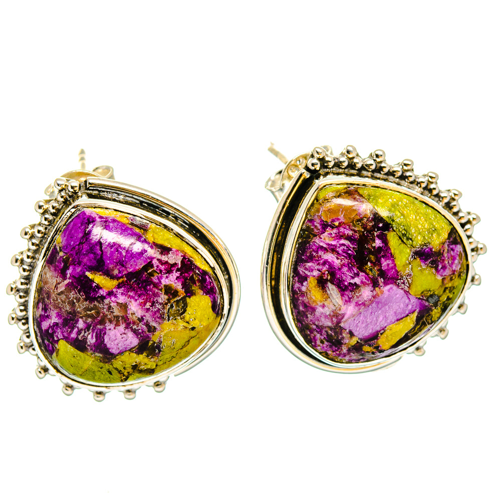 Atlantisite teardrop earrings, sterling silver bezel with purple-yellow stone border