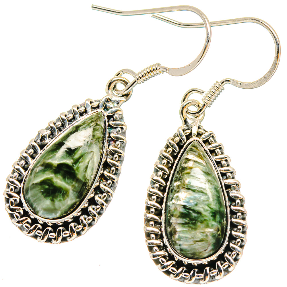 Pair of teardrop seraphinite earrings in 925 sterling silver, green cabochon stones
