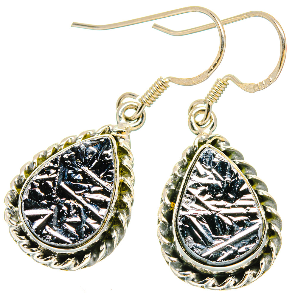 Silver hoop drop earrings with dark rough teardrop galena stones and textured bezel
