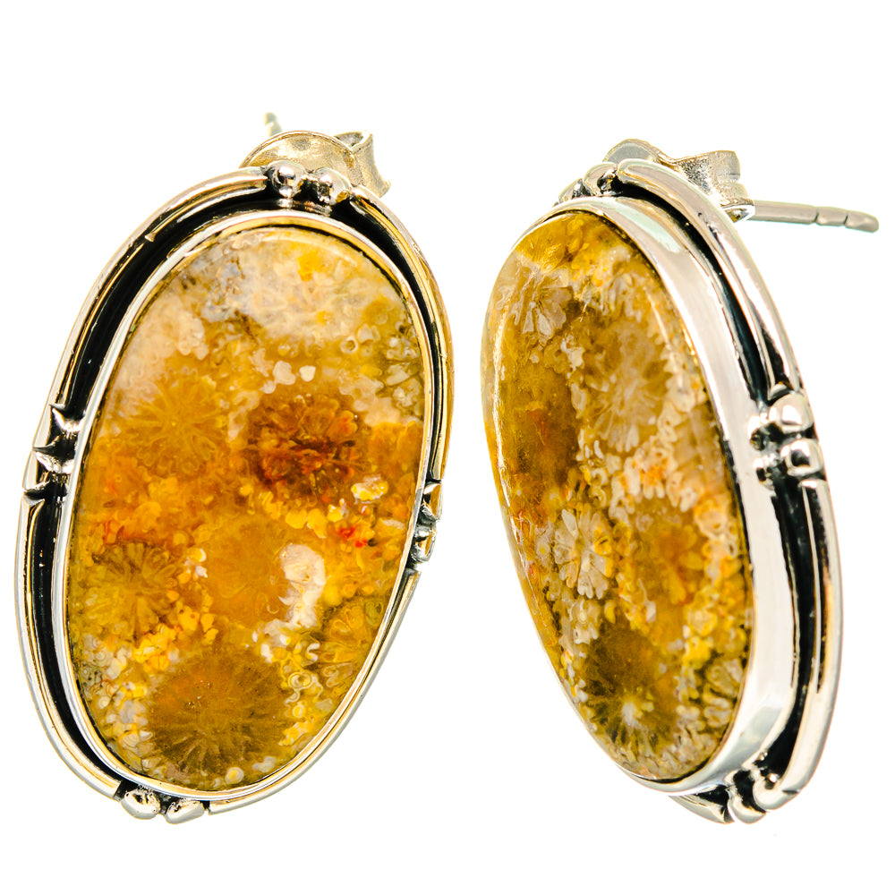 925 sterling silver oval fossil coral hoop earrings with yellow-orange stone bezel