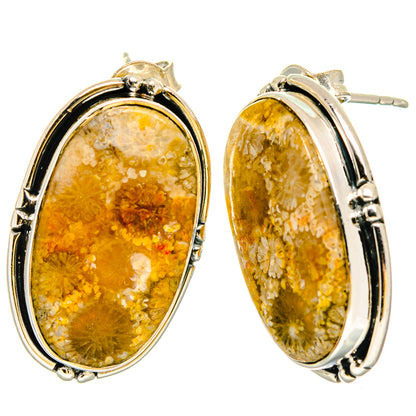 925 sterling silver oval fossil coral hoop earrings with yellow-orange stone bezel