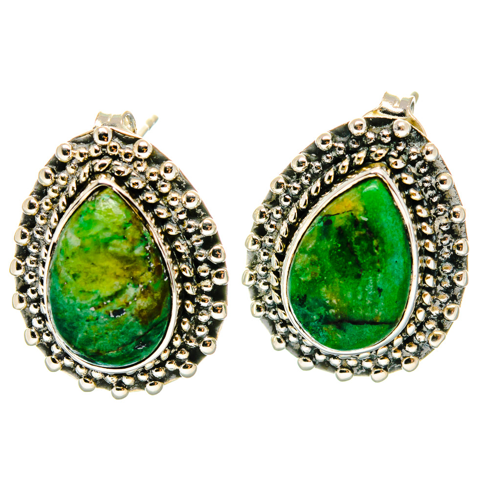 Sterling silver teardrop earrings with green cabochon stone and beaded halo setting
