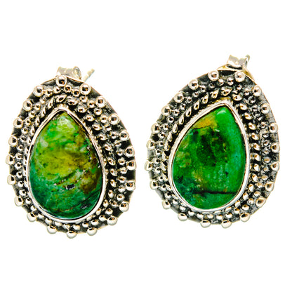 Sterling silver teardrop earrings with green cabochon stone and beaded halo setting
