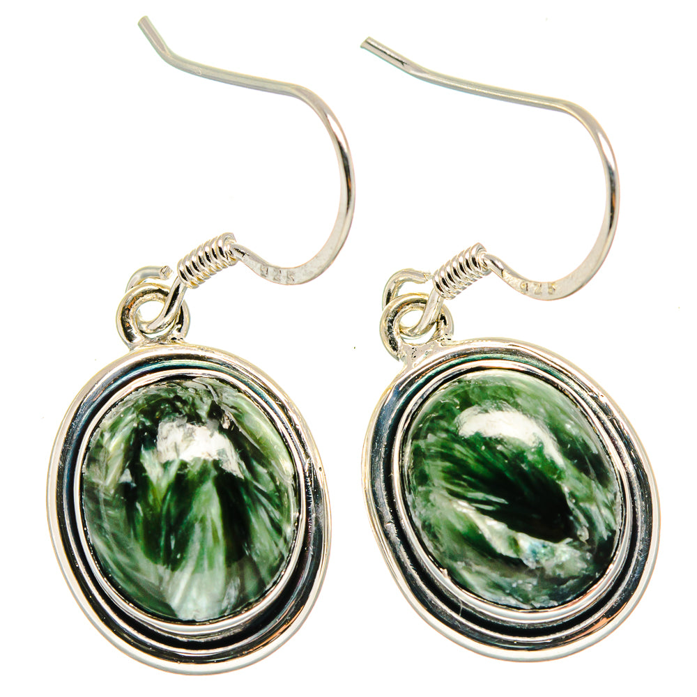 Oval green seraphinite cabochon drop earrings in 925 sterling silver, fishhook style