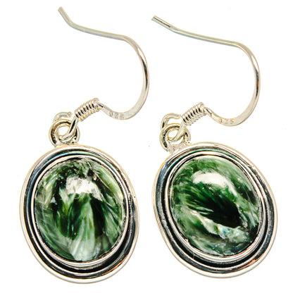 Oval green seraphinite cabochon drop earrings in 925 sterling silver, fishhook style